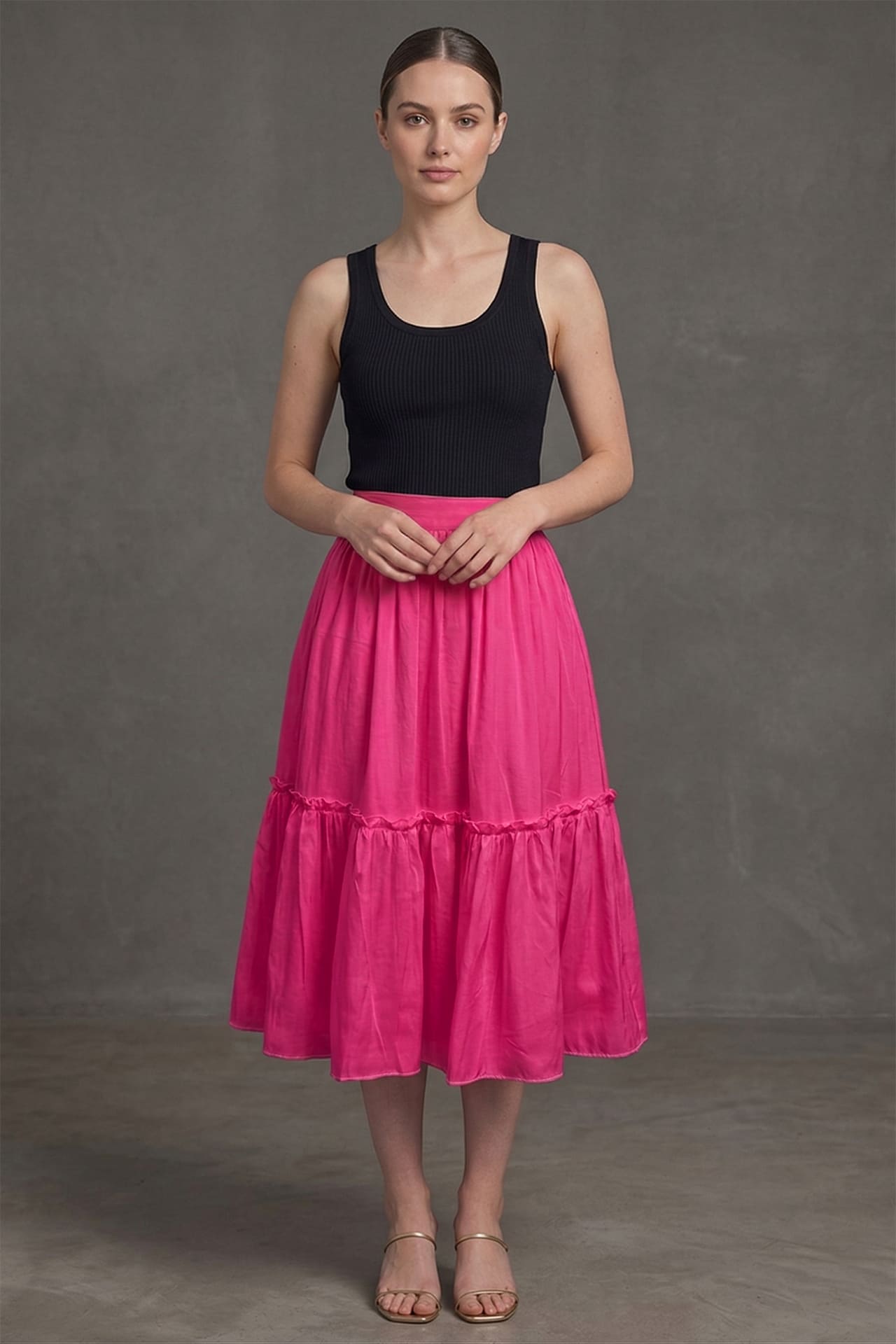 Barbie Pink Satin Ruffle Midi Skirt for Women – Shahida Parides