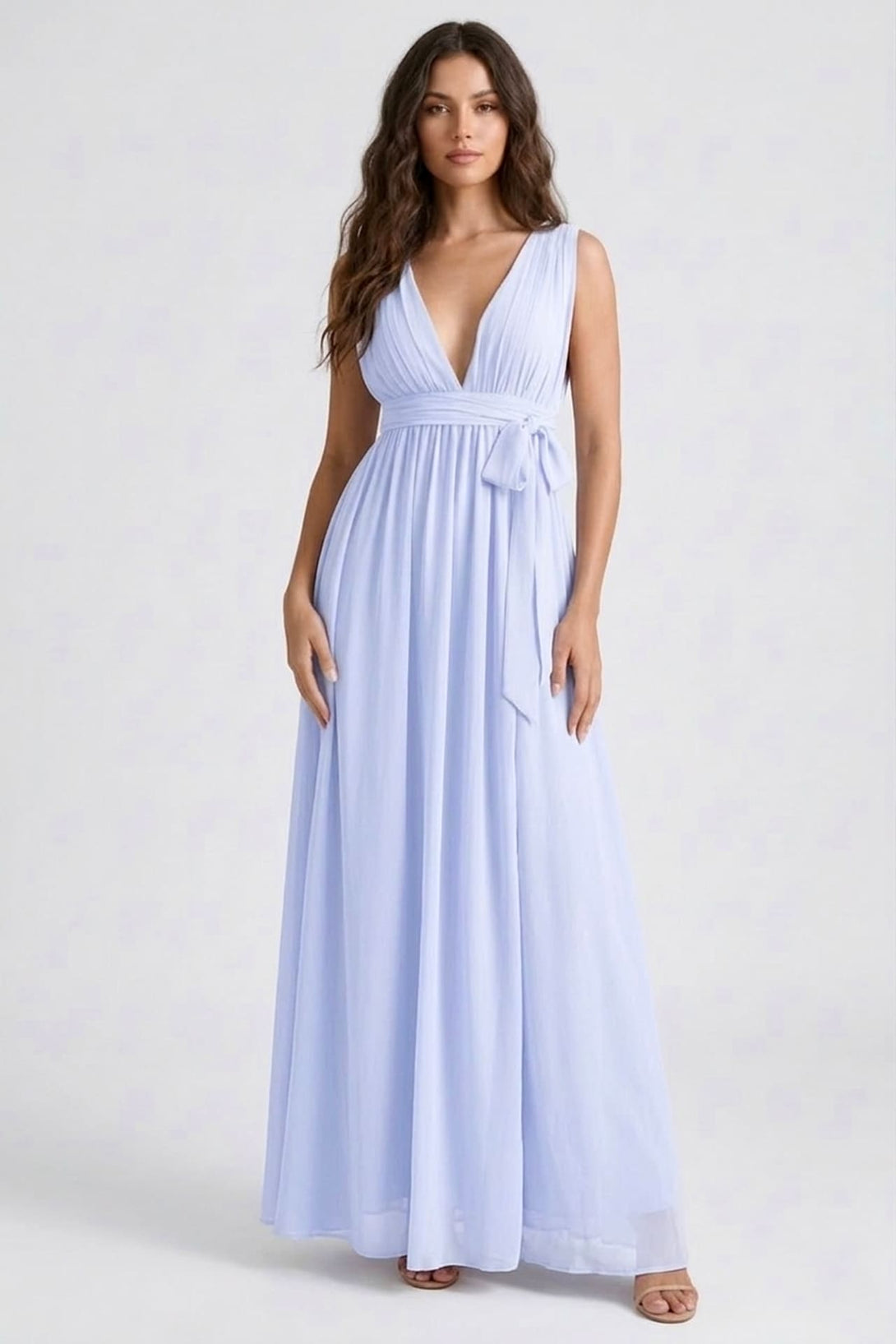 bridesmaid dresses ice blue Chiffon Ice Blue V-Neck Bridesmaid Dress – Elegant Maxi Gown