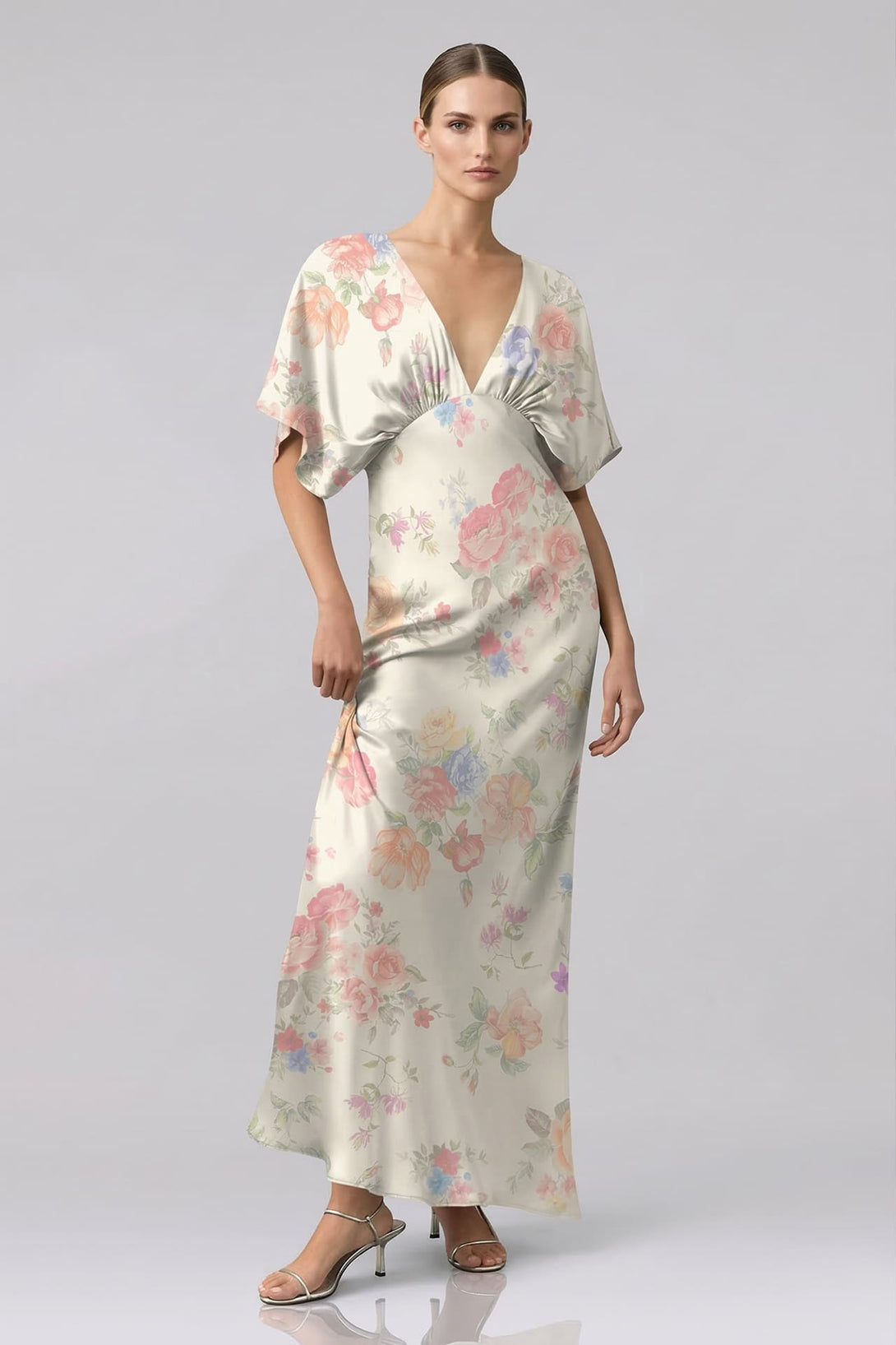 Ivory Floral Satin V-Neck Bridesmaid Dress