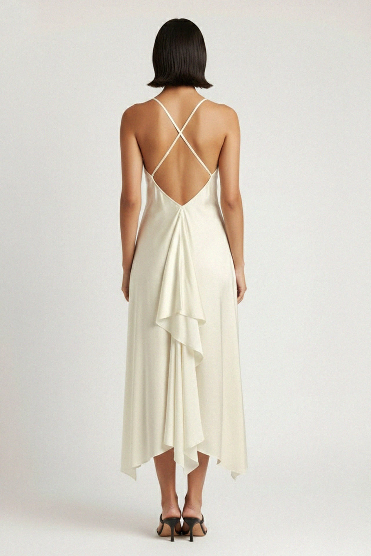 One Size Ivory Asymmetrical Spaghetti Strap Midi Dress