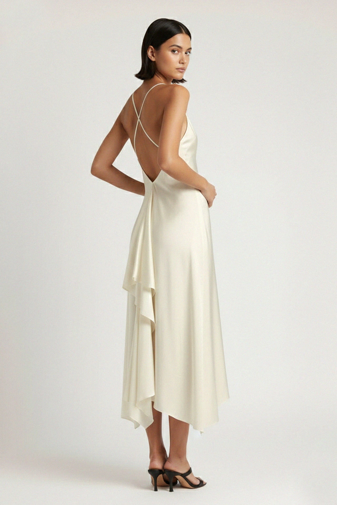Ivory Asymmetrical Spaghetti Strap Midi Dress | Shahida – Shahida