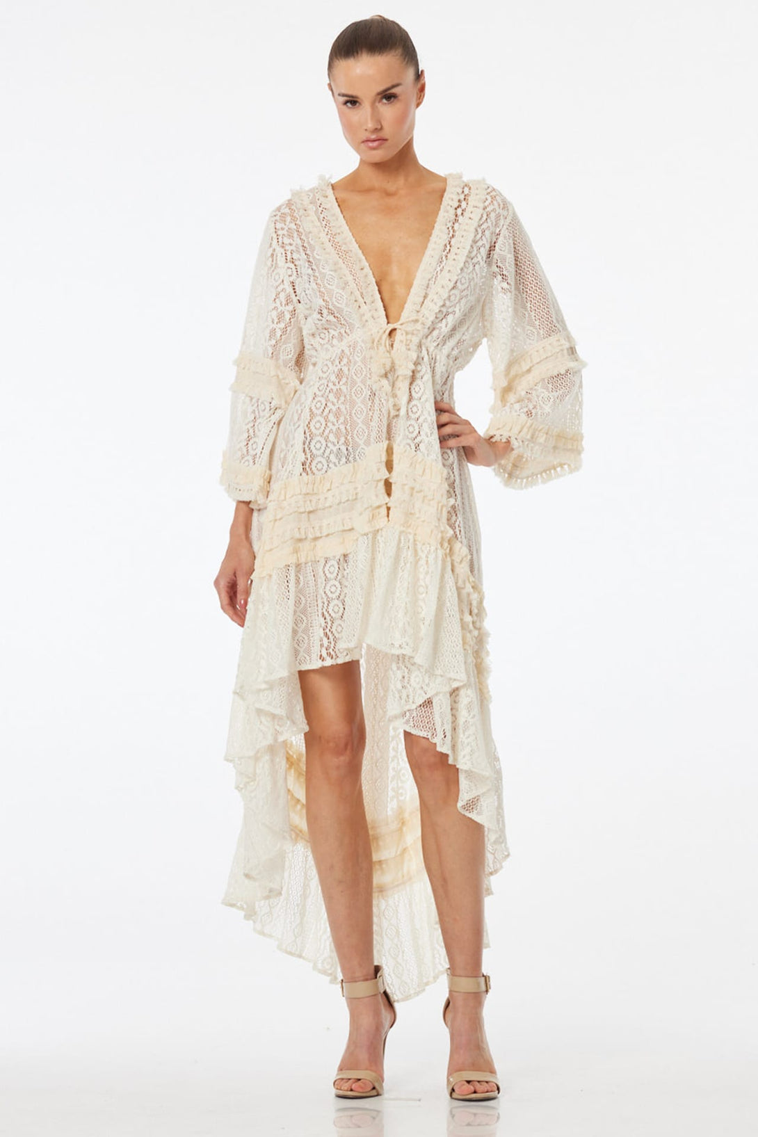 ivory lace midi dress S Resort with Deep V Neck, Hi-Low Asymmetrical Hem & Ruffle Details Disney Princess Frozen Minnie initials9.2.26 dreamy and effortlessly elegant Size:4