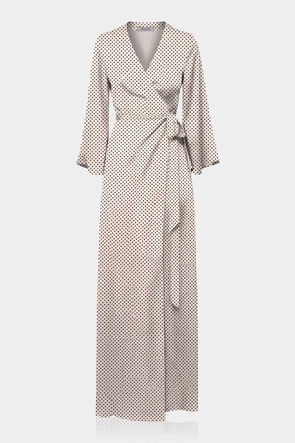 Ivory Polka Dot Satin V-Neck Wrap Maxi Dress with High Slit