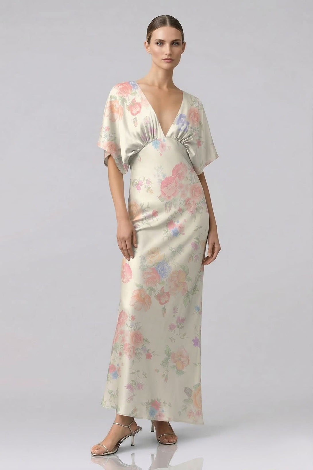 Standard / S Shasi Ivory Floral Satin V-Neck Bridesmaid Dress with Flutter Sleeves
