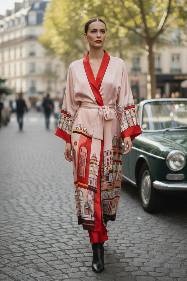 red silk kimono dress, women's printed midi robe, luxury silk kimono, Kyle x Shahida designer robe, elegant red dress