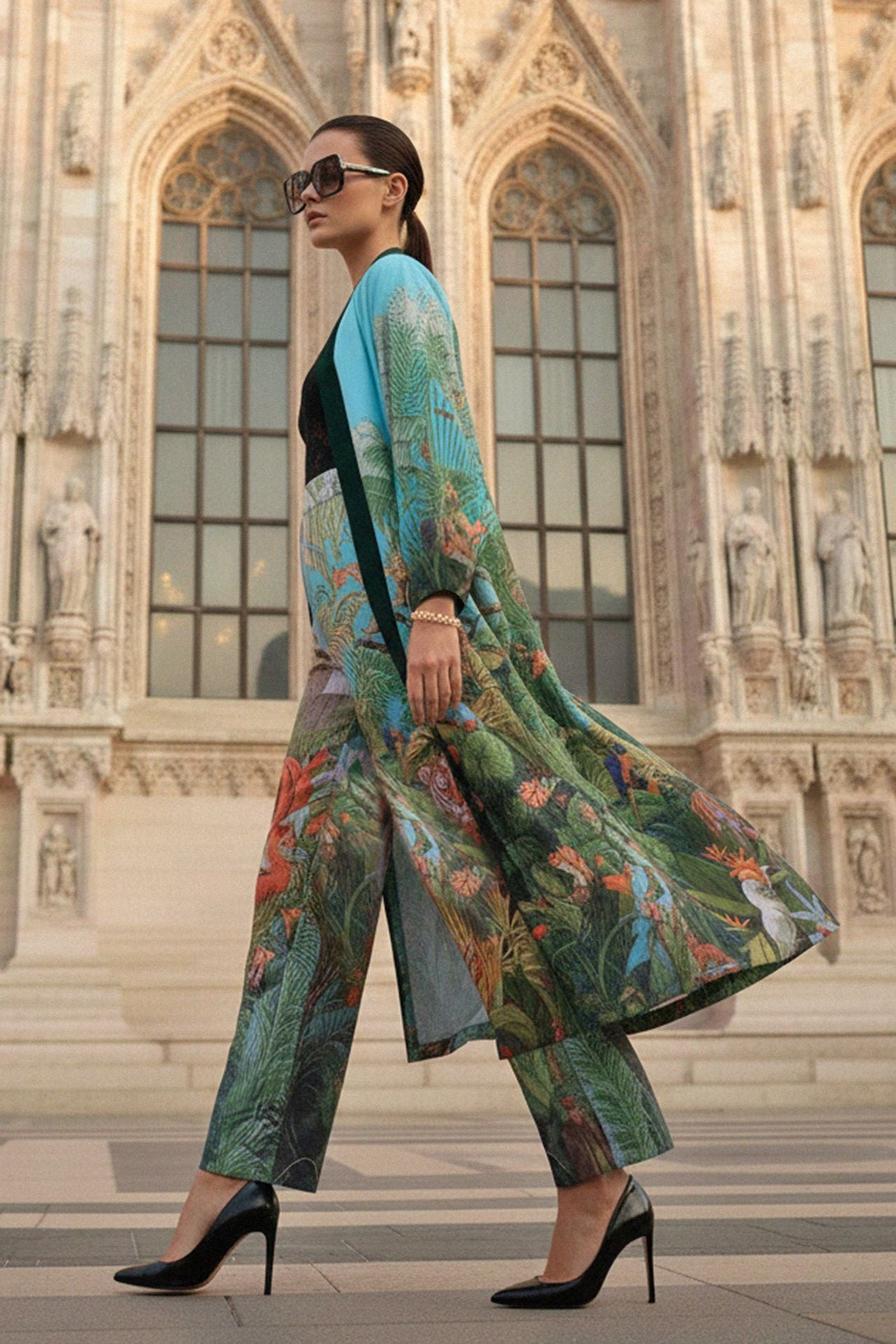 satin trench coat, jungle print jacket, shahida parides, designer silk robe, luxury womenswear, kyle x shahida
