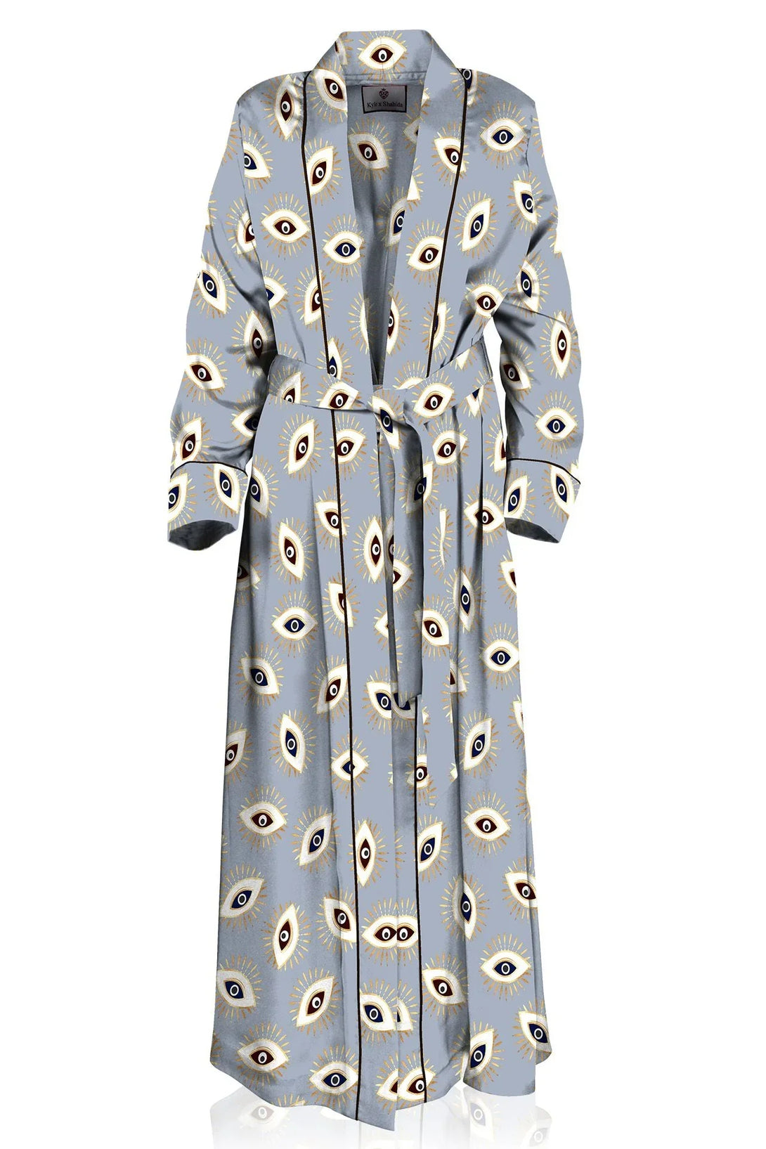 kyle-x-shahida, evil eye robe, grey silk kimono, designer robe, womens luxury wear, protective eye print, long kimono