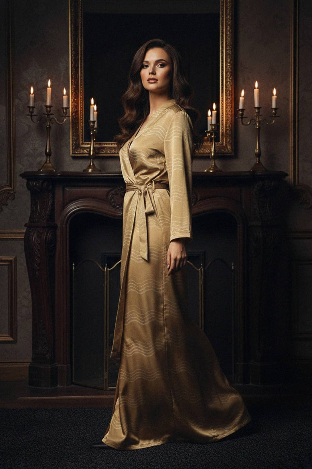 satin wrap midi, printed robe dress, luxury women wear, kyle shahida collab