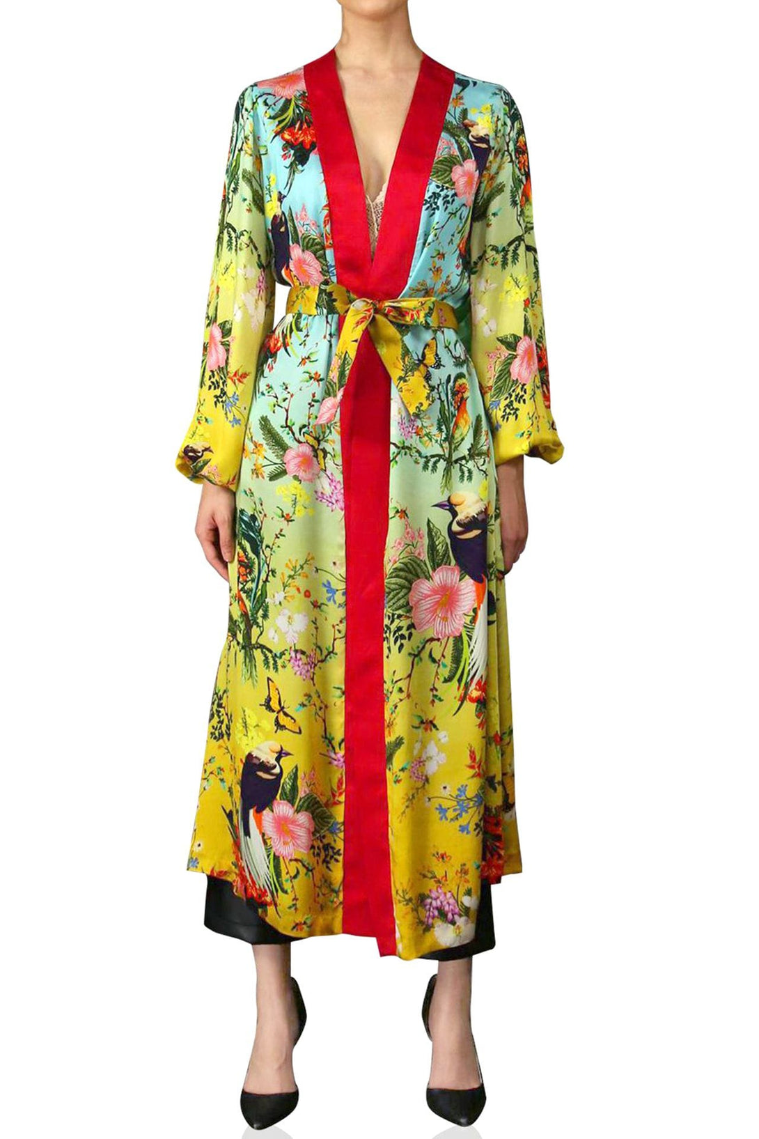 Kyle X Shahida, silk green robe, womens long kimono robe, silk yellow robe, plus size kimono, womens long kimono