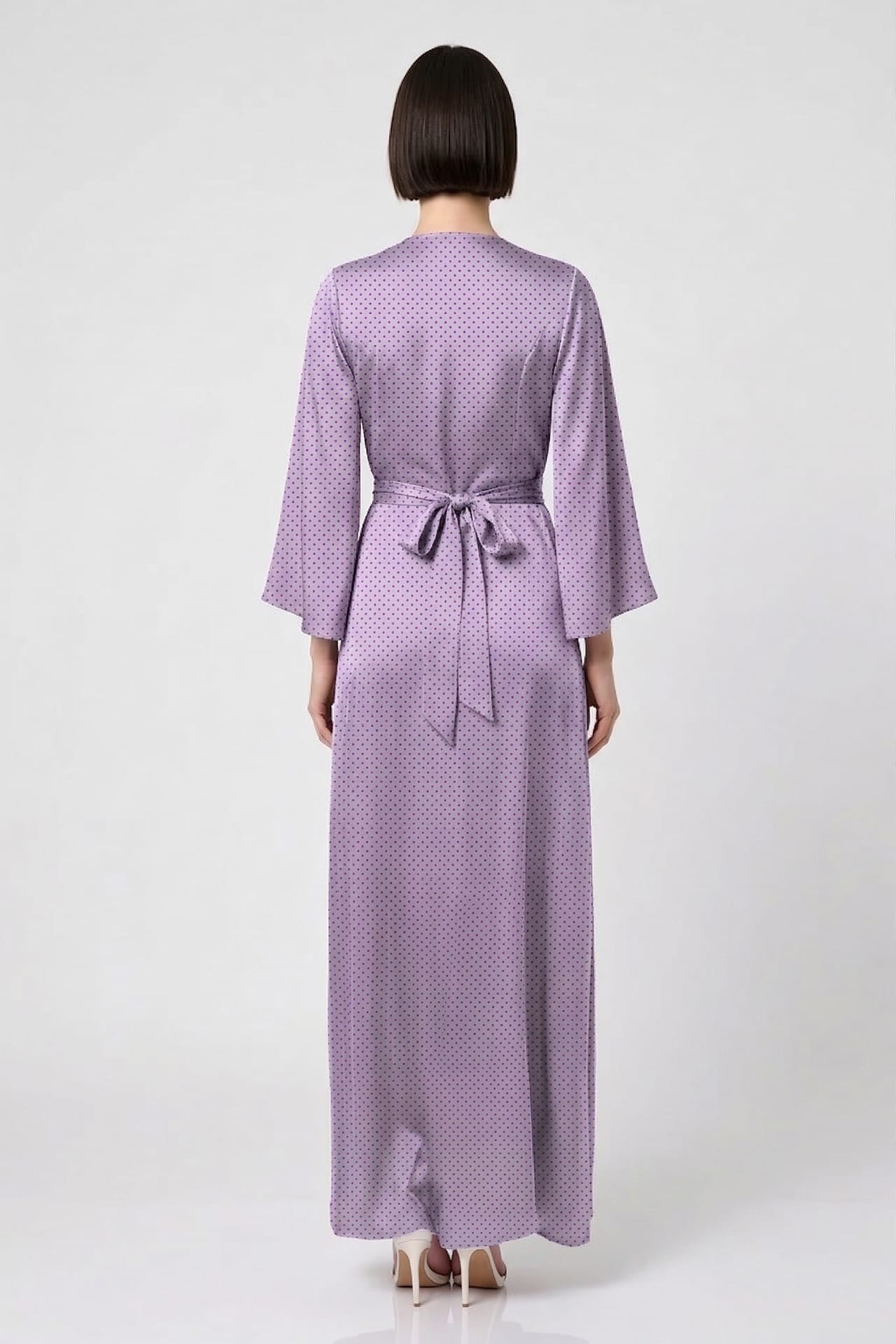lavender and black dress Standard / S Polka Dot Satin V-Neck Wrap Maxi for Wedding Guests Sweetheart purple ball gown Size:Costume Only M-In Stock Christian Louboutin-Greggory Lace Up prints-patterns