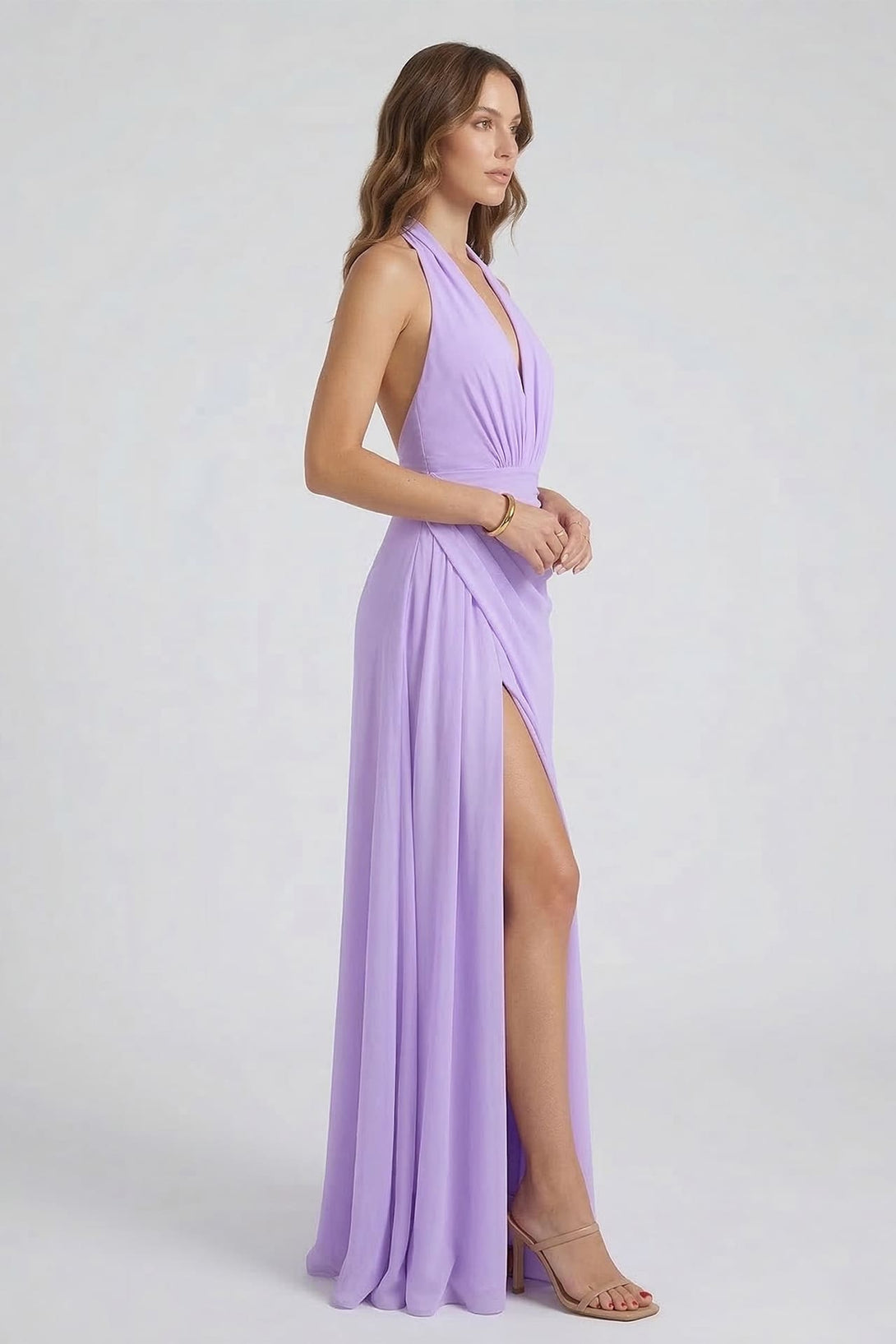 S Lavender Chiffon V-Neck Bridesmaid Maxi Dress with Side Slit S Lavender Chiffon V-Neck Bridesmaid Maxi Dress with Side Slit