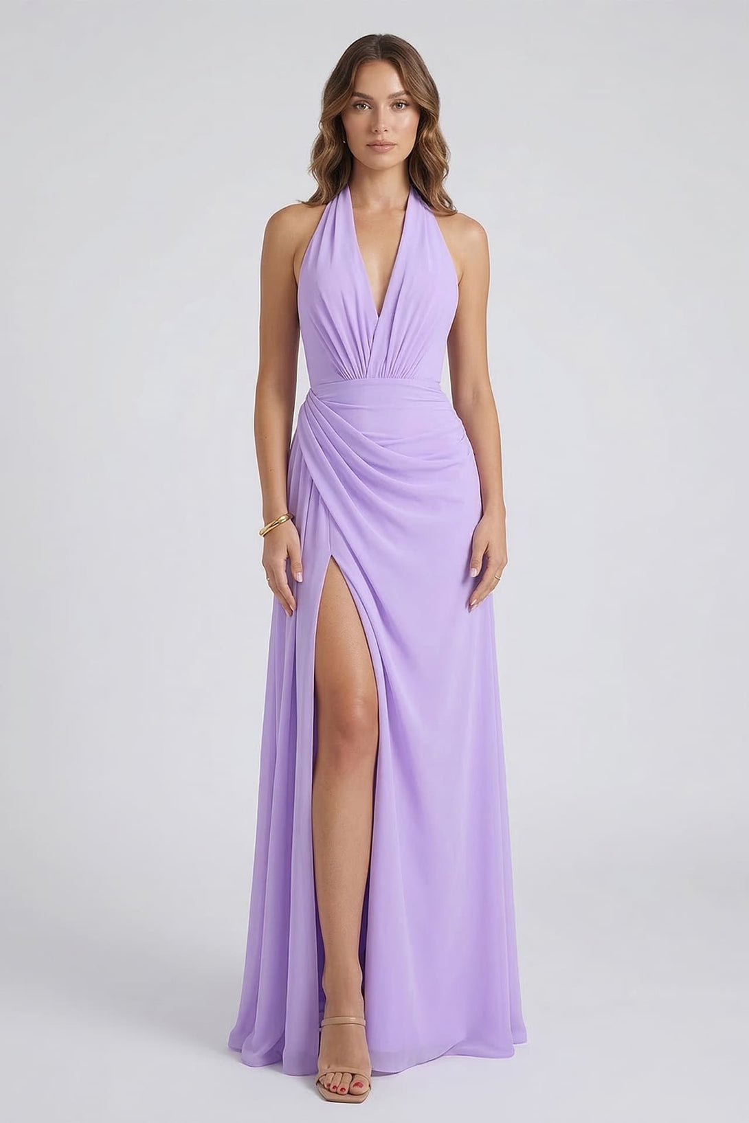 S Lavender Chiffon V-Neck Bridesmaid Maxi Dress with Side Slit S Lavender Chiffon V-Neck Bridesmaid Maxi Dress with Side Slit