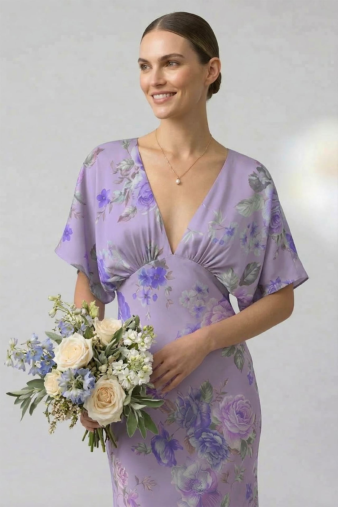 purple floral wedding guest dress Standard / XS Lavender V-Neck Floral Satin Bridesmaid Dress with Flutter Sleeves