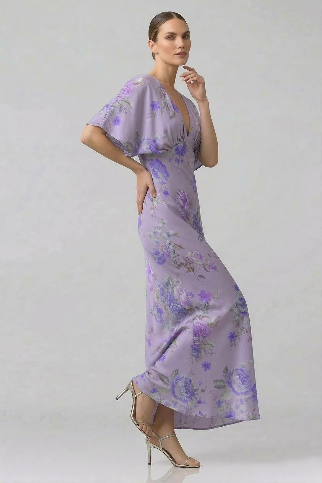 purple floral wedding guest dress Standard / L Lavender V-Neck Floral Satin Bridesmaid Dress with Flutter Sleeves