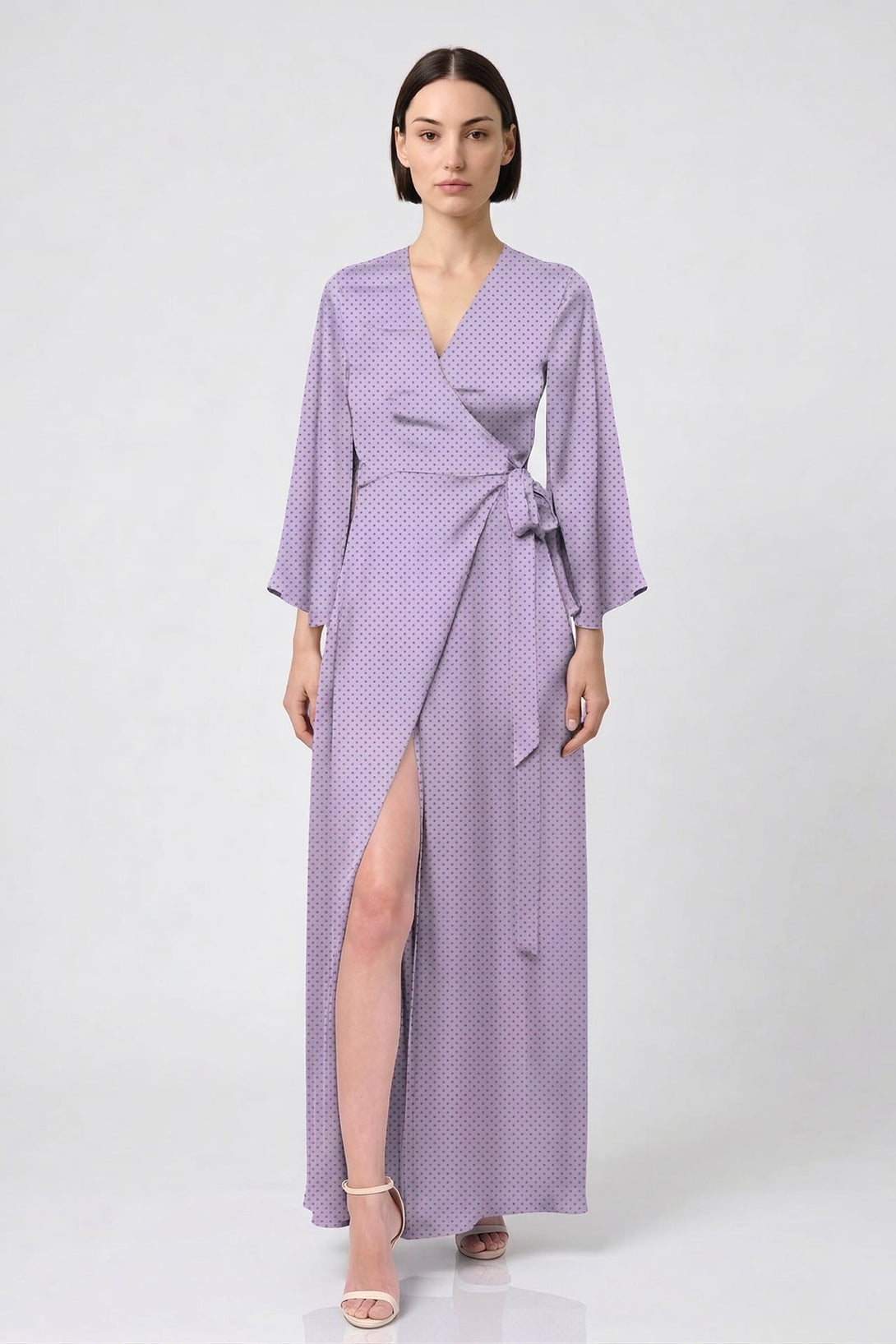 lavendar maxi dress Lavender Polka Dot Satin Wrap Dress