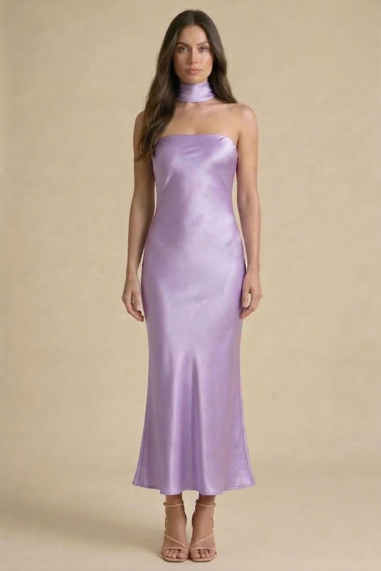 satin lavender dress S Lavender Strapless Satin Midi Bridesmaid Dress for Wedding