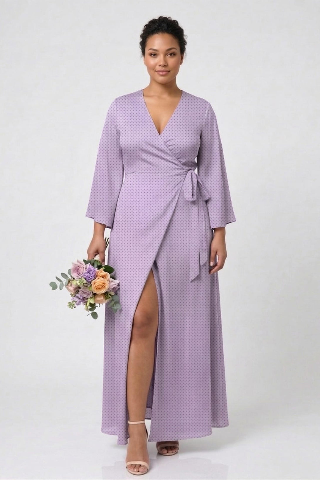 lavender satin dress Lavender Polka Dot Satin Wrap Dress
