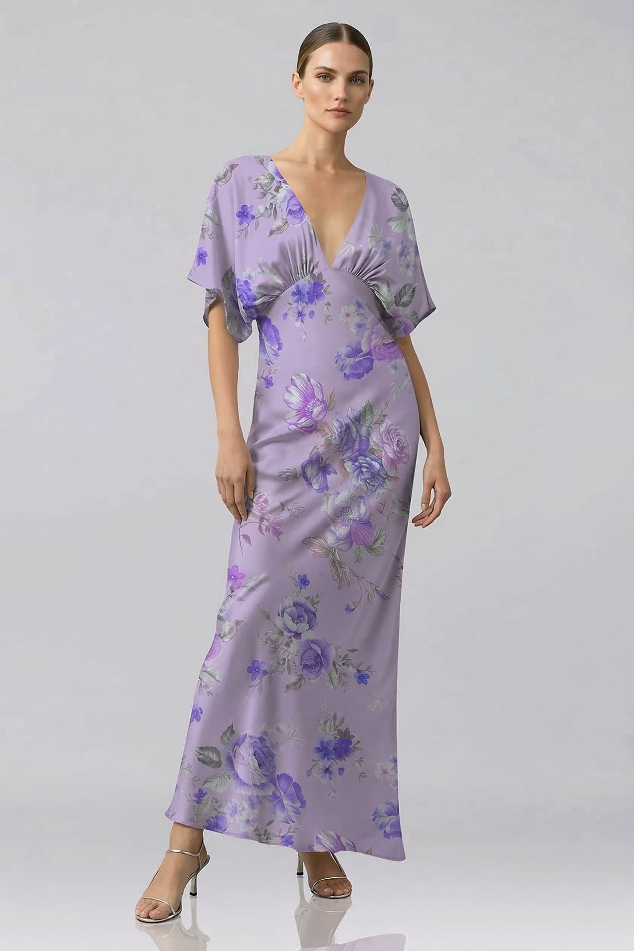 mauve floral bridesmaid dress Standard / XS Lavender V-Neck Satin with Flutter Sleeves Long Sleeve Black Maxi this dress offers timeless Best of Best Size:M-15.5 34/35