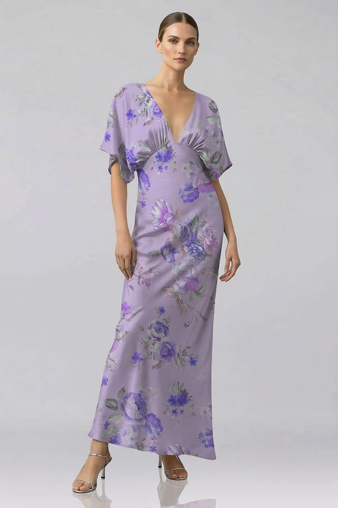 lavender floral bridesmaid dresses Standard / XS Lavender V-Neck Floral Satin Bridesmaid Dress with Flutter Sleeves