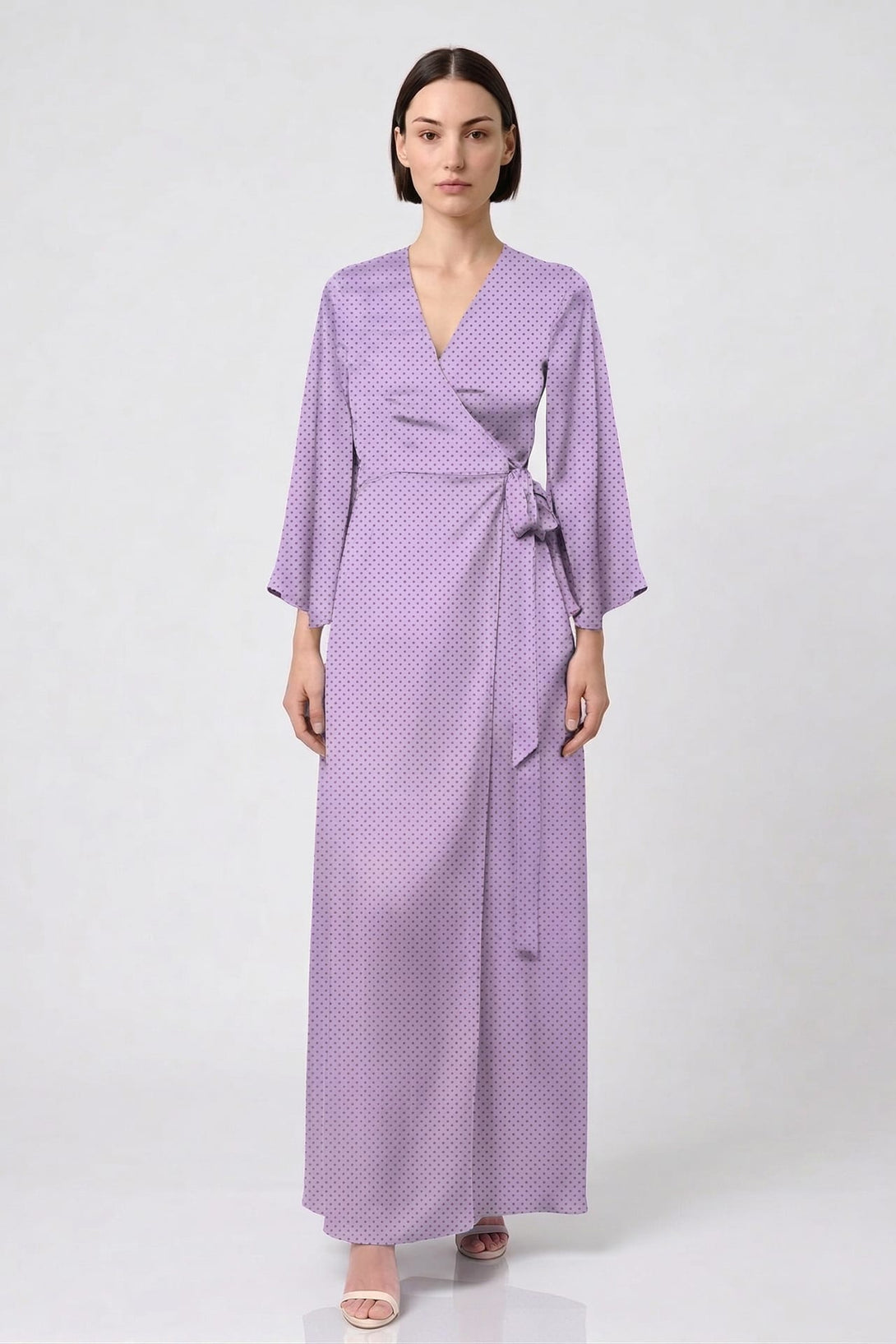 lavender maxi dress for wedding Lavender Polka Dot Satin Wrap Dress