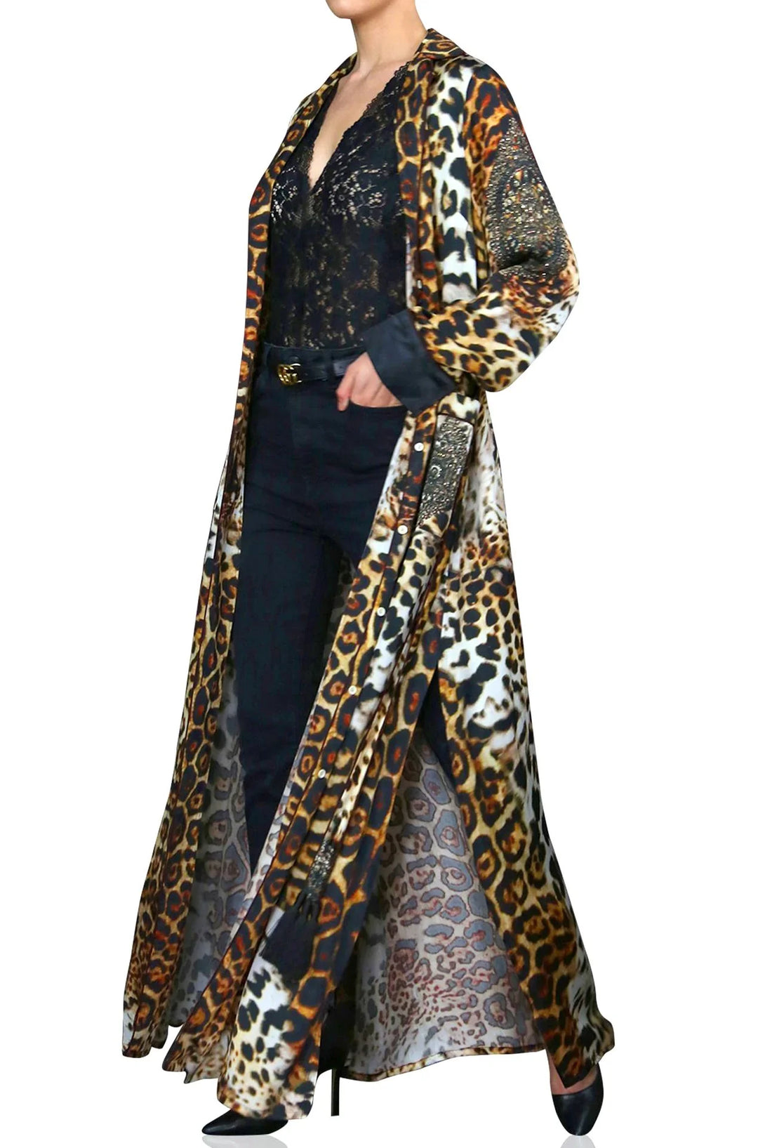 floor length kimono dressing gown Gilda Luminous Ivory & Gold Chantilly Lace Robe Infomation Handmade only high quality fabric belt loops and inside ties to secure closure french seam finish Materials Silk satin Wearing Model is 1.71 m wearing size S Washing Instructions Delicate machine wash without spinning Designer Leopard Robe Womens |