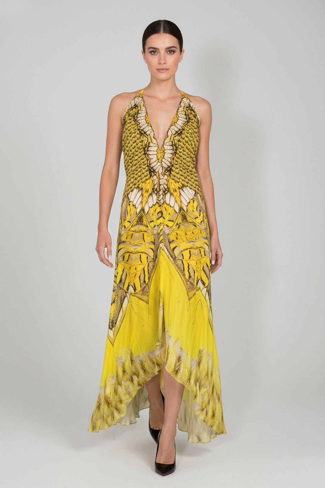 yellow dress with neck scarf One Size Neutral Leopard Yellow Silk Scarf Maxi Dress