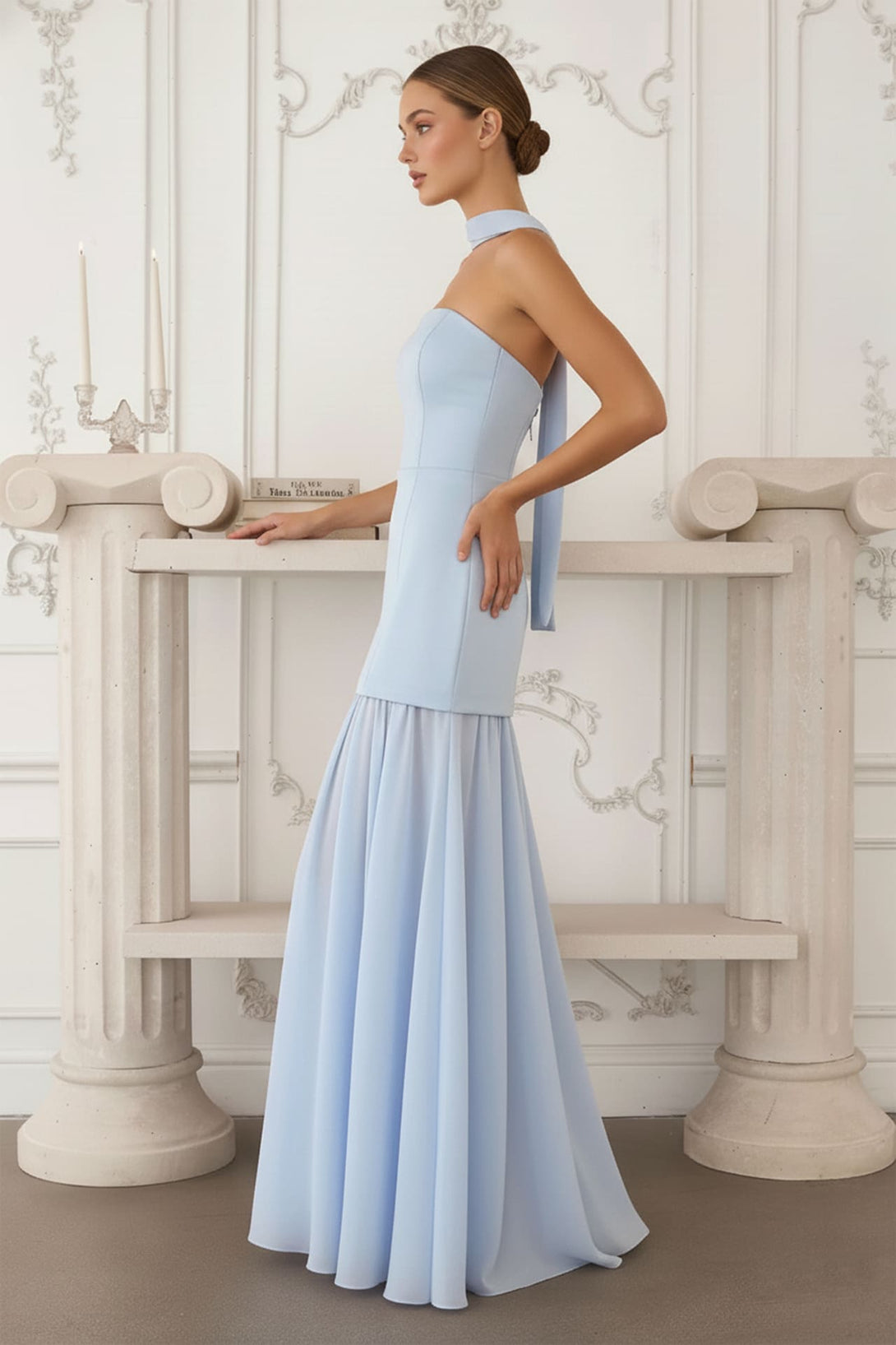 green emerald velvet dress Long Flowy A-Line Prom Dress with Sheer-Lace Bodice Marine Blue / 4 main image 0