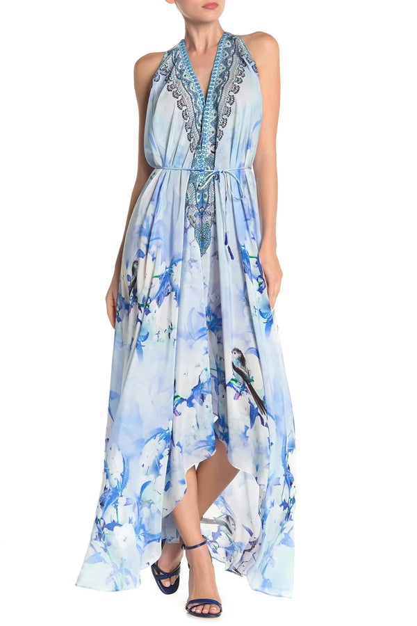  blue colour maxi dress, long silk dress, Shahida Parides, halter maxi dress, long flowy dresses,