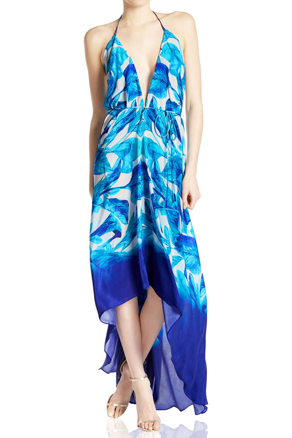  blue colour maxi dress, long silk dress, Shahida Parides, halter maxi dress, long flowy dresses,