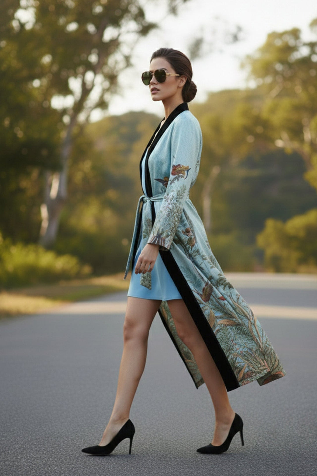 blue silk wrap, womens layering robe, bird print kimono, luxury fashion coat, chic outdoor style