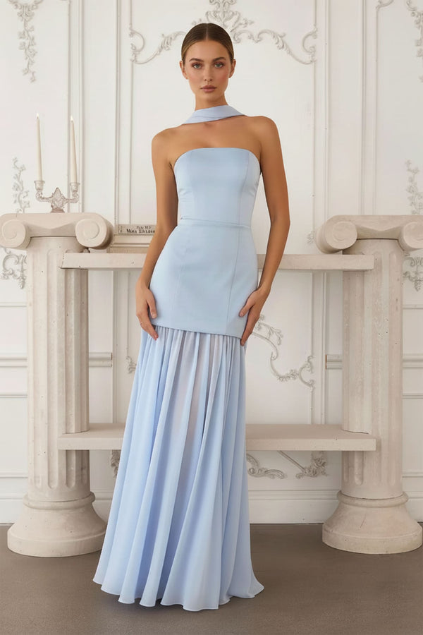 light blue fitted maxi dress Embellished Bandeau Cowl Neck Maxi Dress in Light Blue - 10