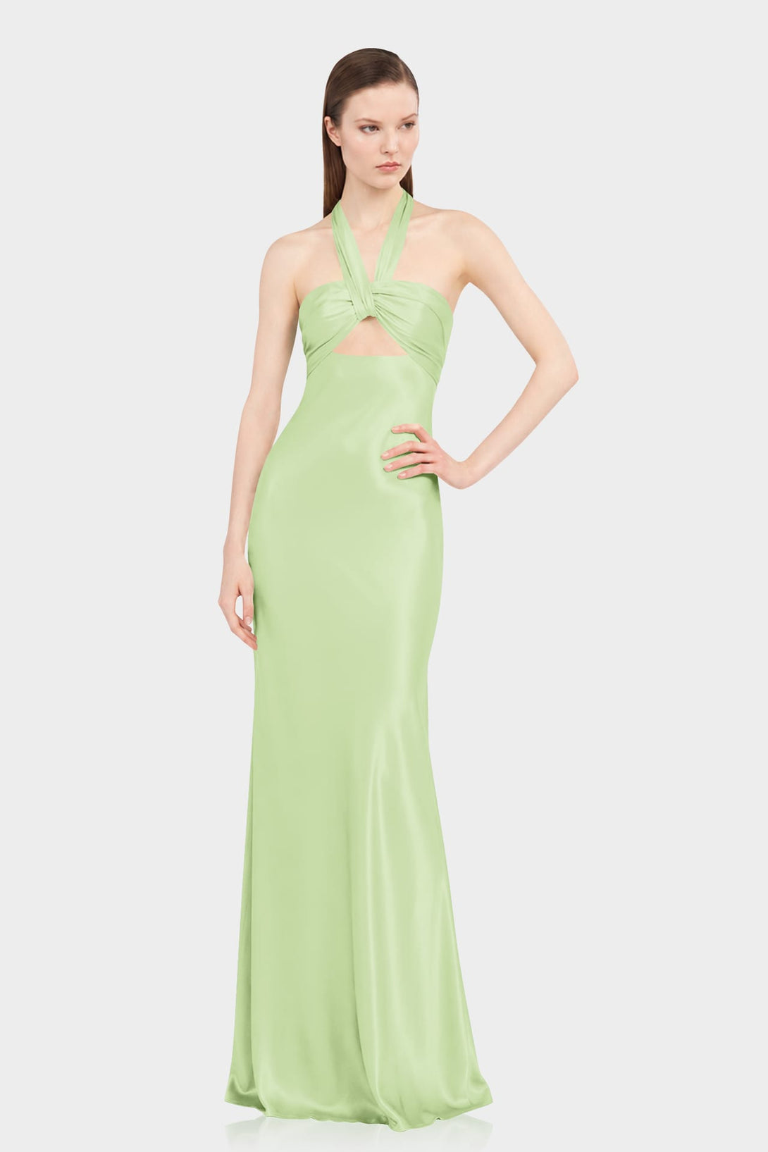 matte satin sage bridesmaid dresses Custom Light Halter Maxi Dress with Twist Front & Open Back The plunging neckline with Lining_DY1-3F Farm Rio Morada Boa Size:Customized