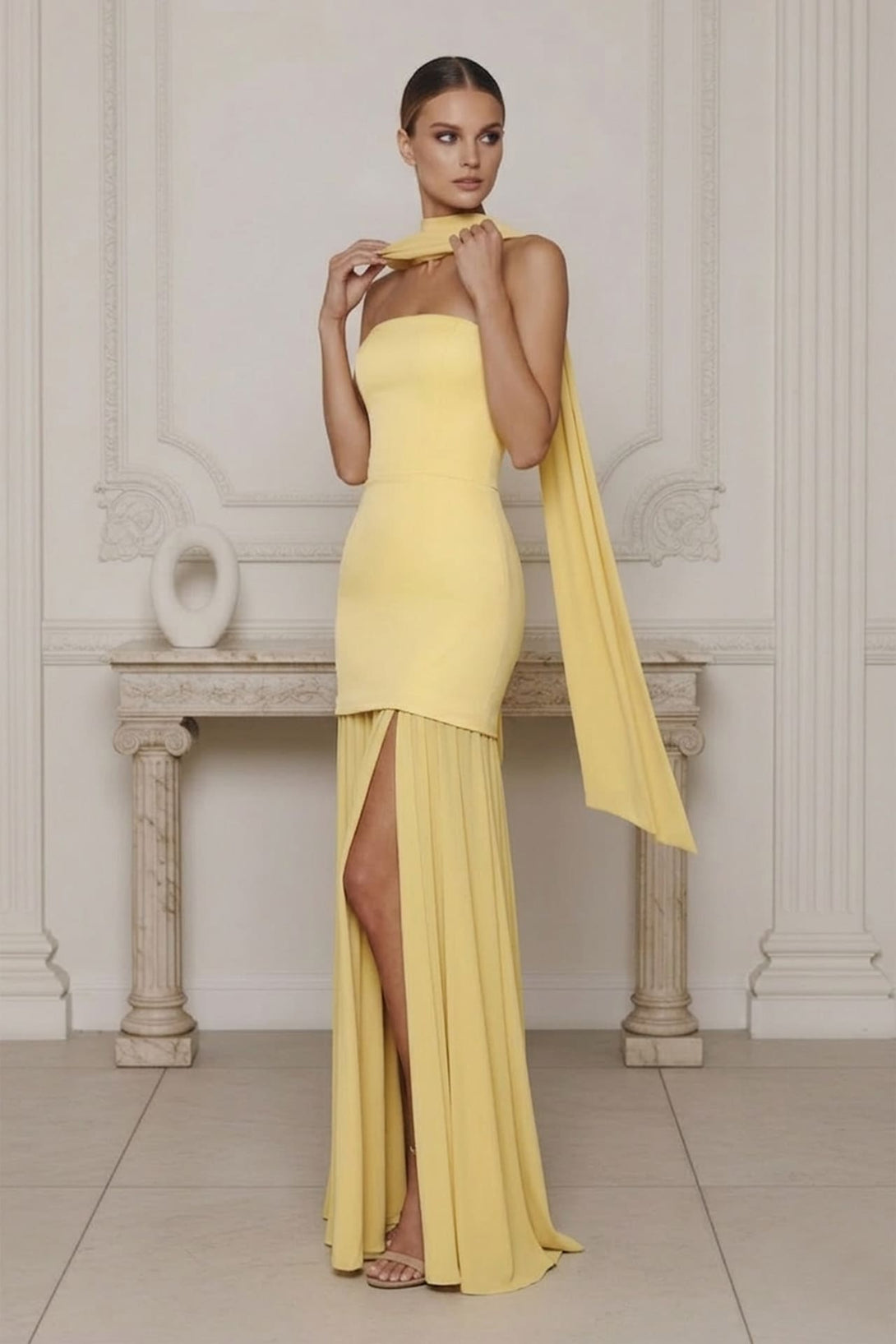 Light Yellow Strapless Satin Chiffon Maxi Dress – Shahida Parides