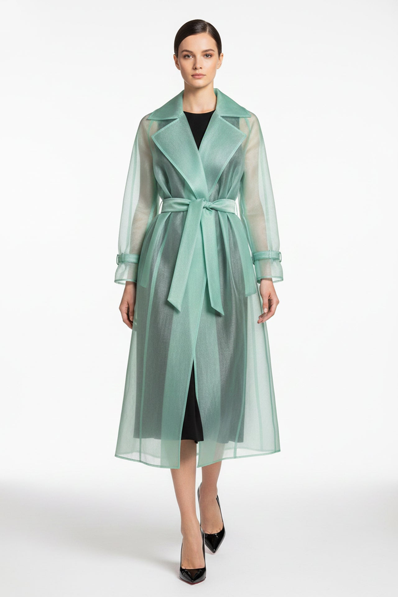 S Sage Green Organza Trench Coat - Lightweight Transparent Summer Layer S Sage Green Organza Trench Coat - Lightweight Transparent Summer Layer