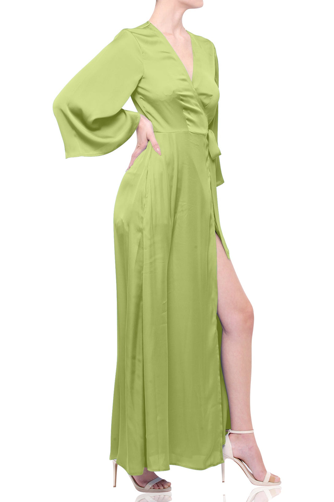 S Sage Green Satin Wrap Maxi Dress  Bridesmaid & Garden Wedding Dress