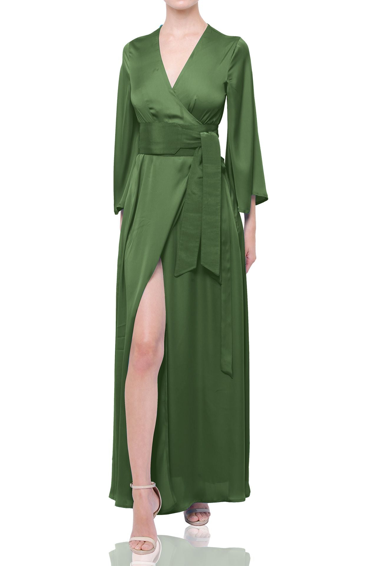 green summer wrap dress S Forest Green Satin Wrap Maxi Dress – Bridesmaid Dress for Spring Summer Weddings