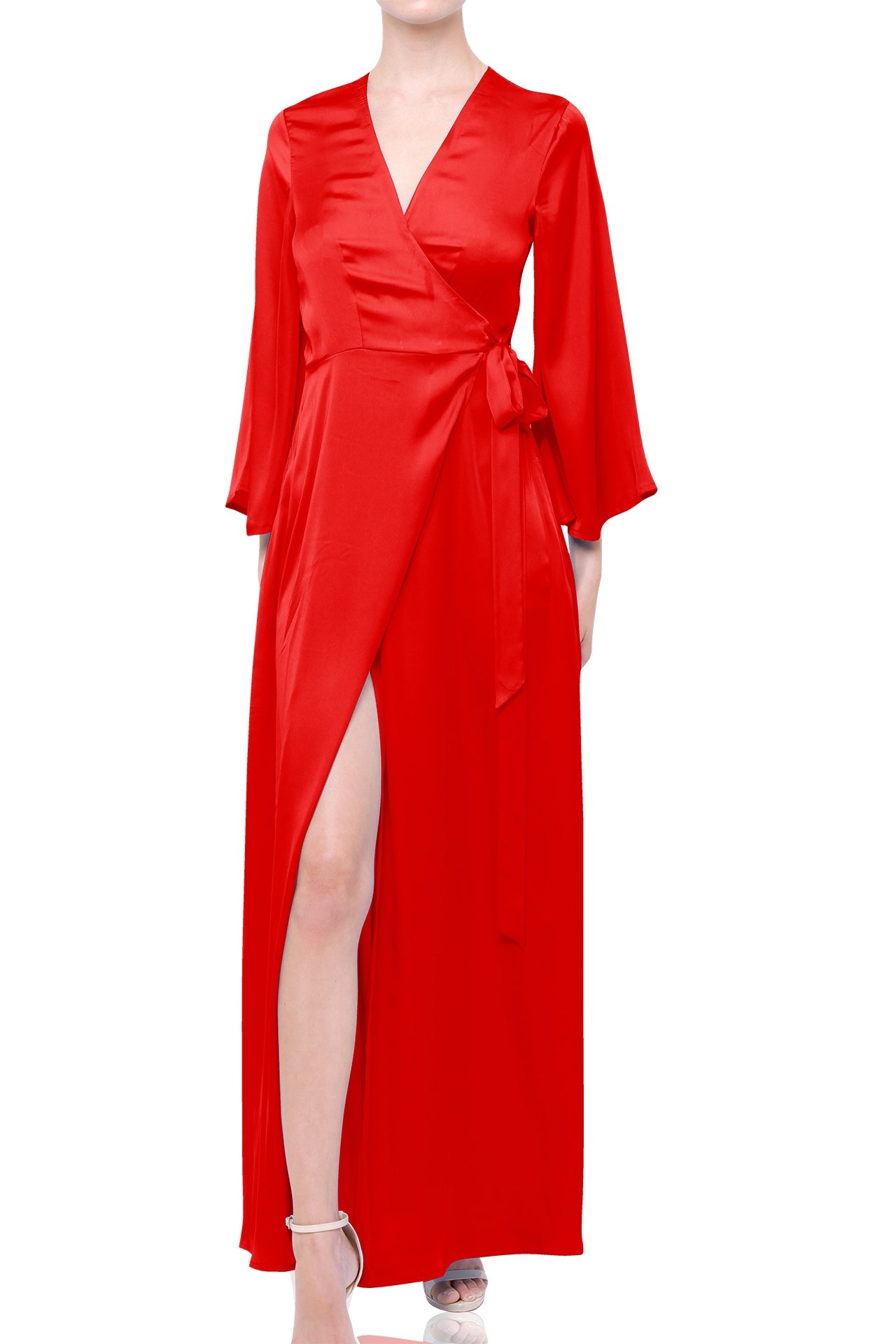 satin summer maxi dress S Lava Falls Satin Wrap Maxi Dress – Long Sleeve Spring Summer Occasion Dress