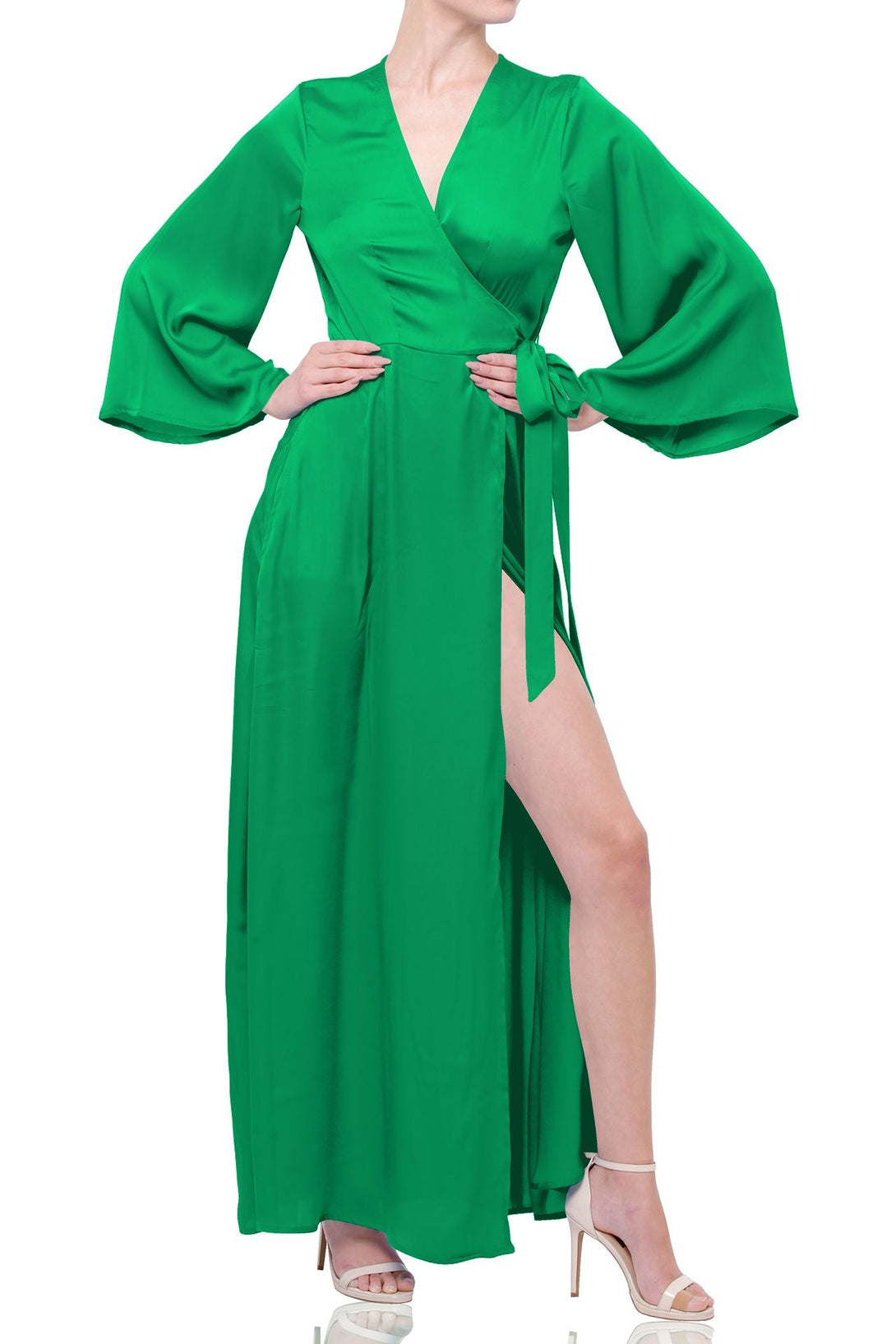 S Emerald Green Satin Wrap Maxi Dress  Elegant Spring Summer Occasion Dress