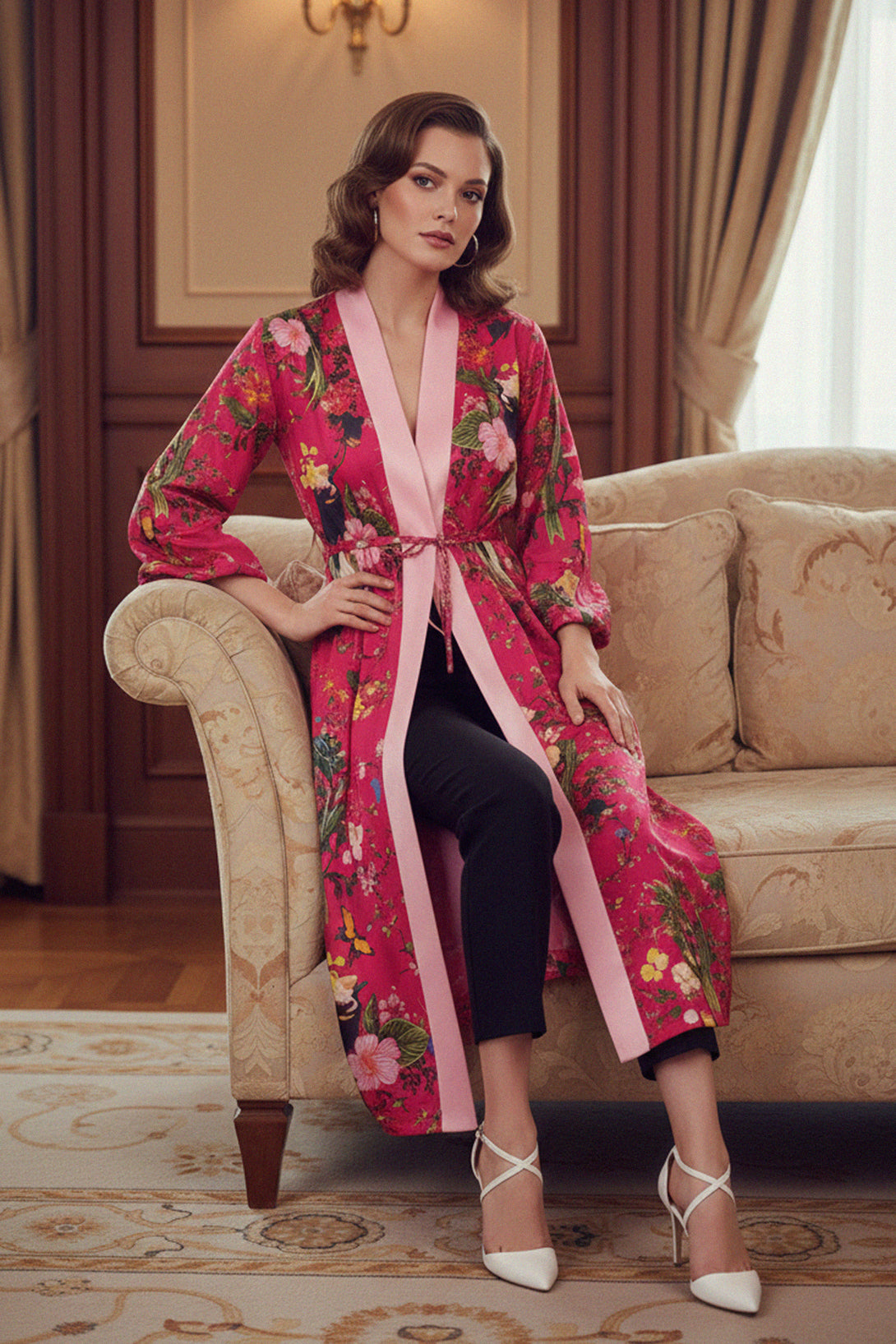 Kyle Richards, ladies fashion, chic clothing, soft kimono, elegant wrap, robe outfit, stylish wear, modern robe
