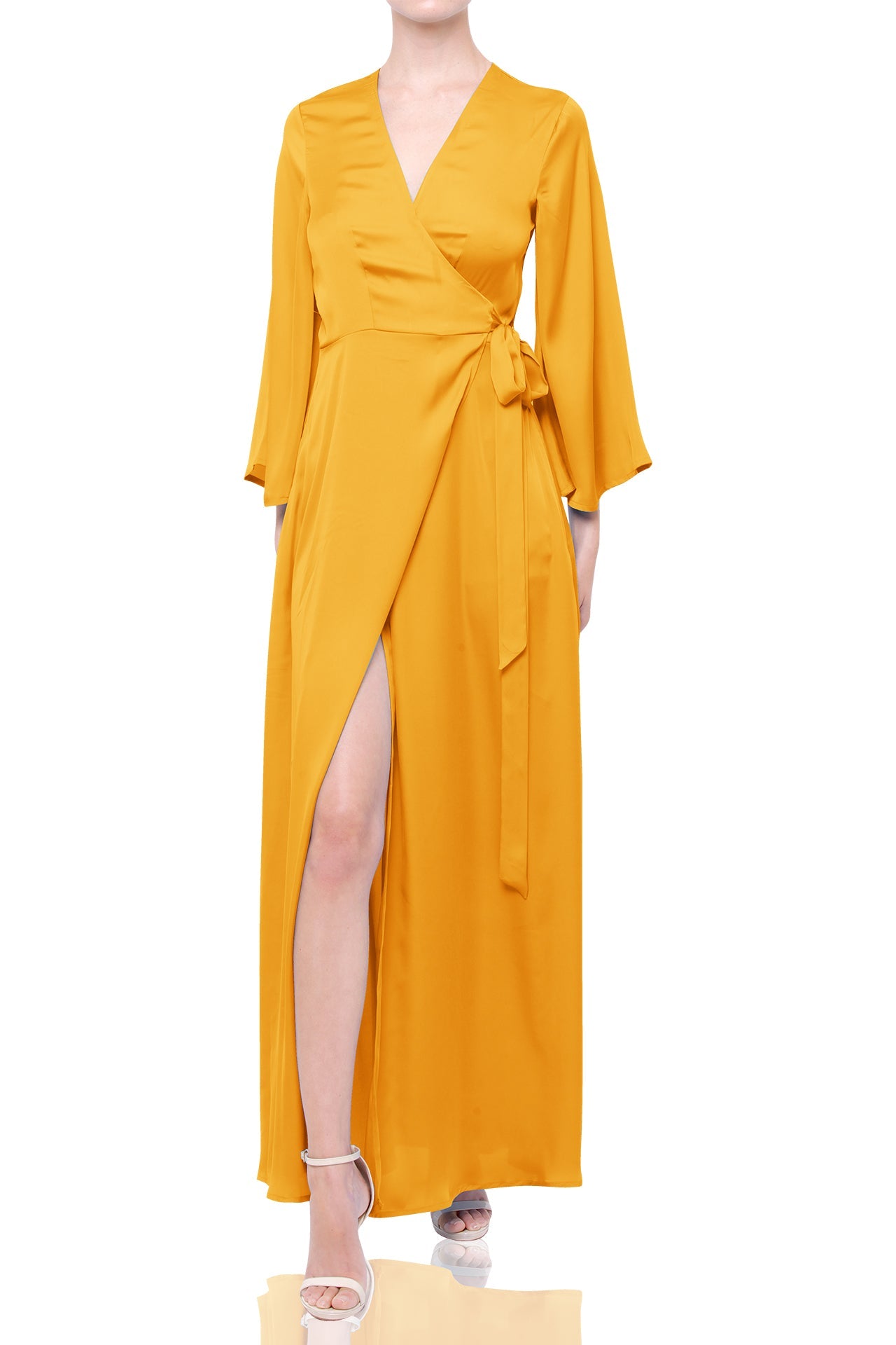S Light Mustard Yellow Long Wrap Dress for Bridesmaid and Summer Weddings