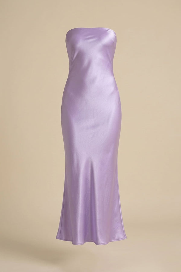 S Lavender Strapless Satin Midi Bridesmaid Dress for Wedding