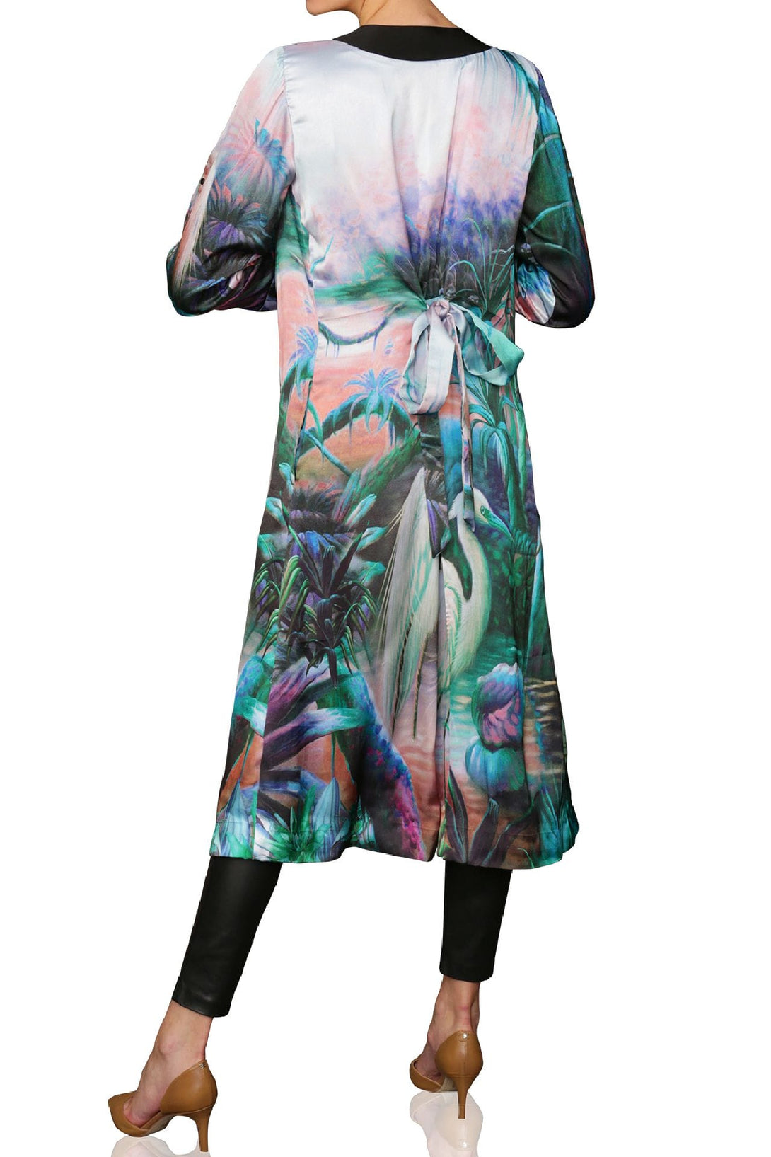 blue silk robe, luxury kimono, bird print, resort fashion, elegant outfit, statement robe