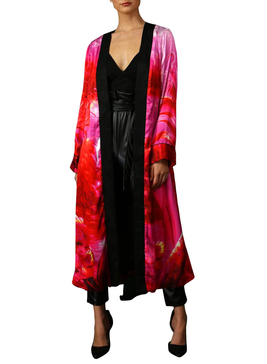 Kyle X Shahida, silk kimono robe, belted kimono, plus size long kimono, hot pink robe silk