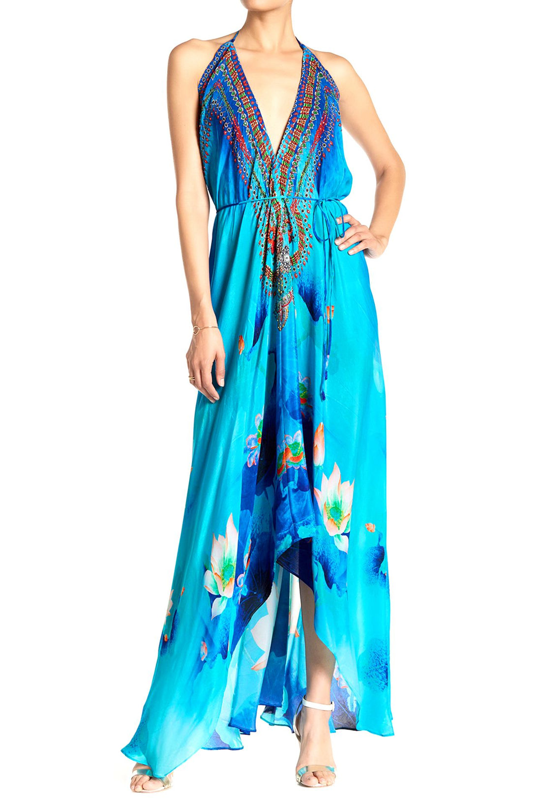   blue color maxi dress, long silk dress, Shahida Parides, halter maxi dress, long flowy dresses,
