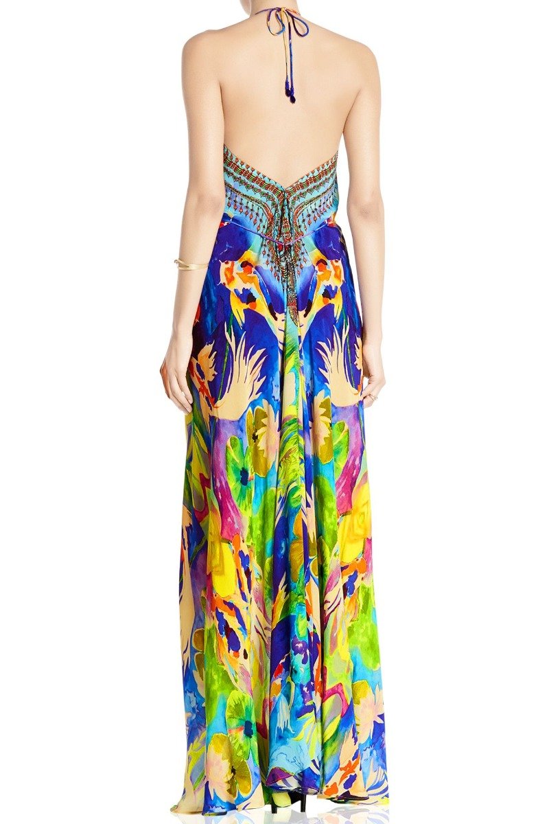 blue color maxi dress, long silk dress, Shahida Parides, halter maxi dress, long flowy dresses,
