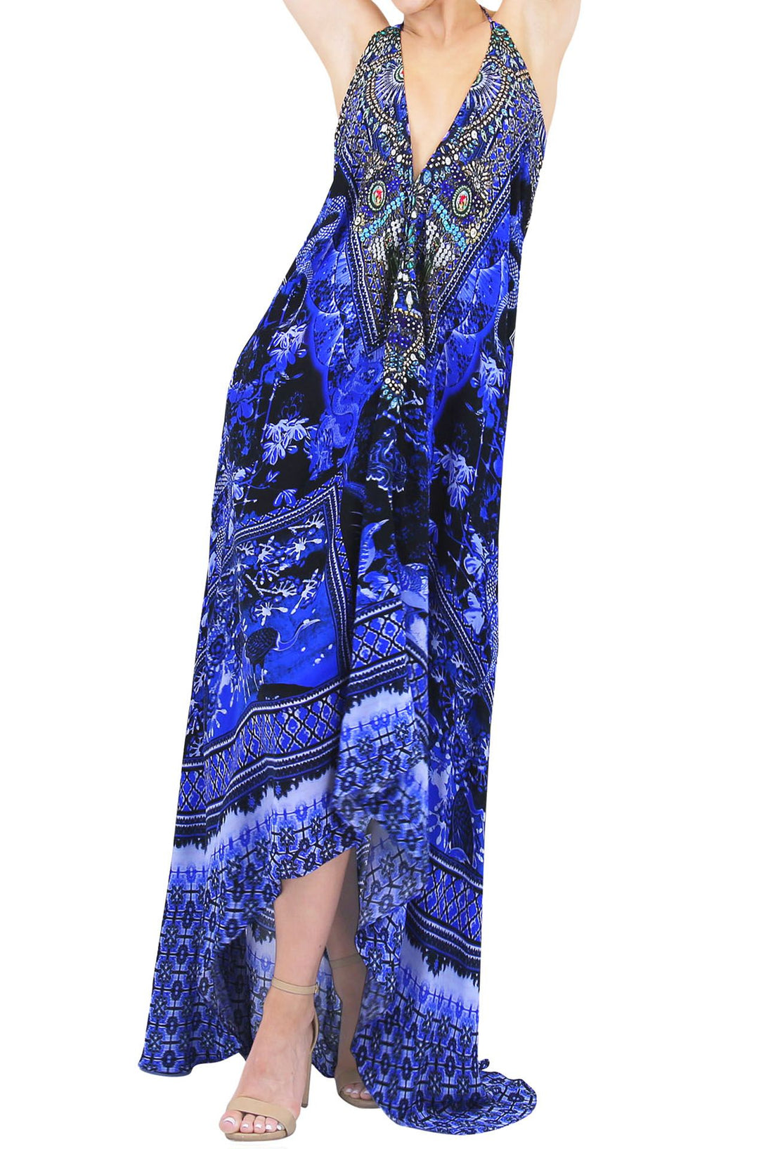  long blue formal dresses, long silk dress, Shahida Parides, halter maxi dress, long flowy dresses,