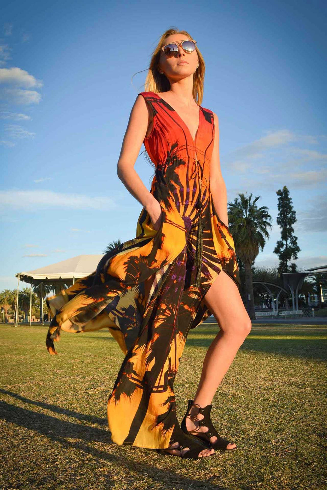 Designer Long Flowy Dresses | Deep Neckline Dress | Shahida Parides Medium - Large Designer Long Flowy Dresses | Deep Neckline Dress | Shahida Parides Medium - Large