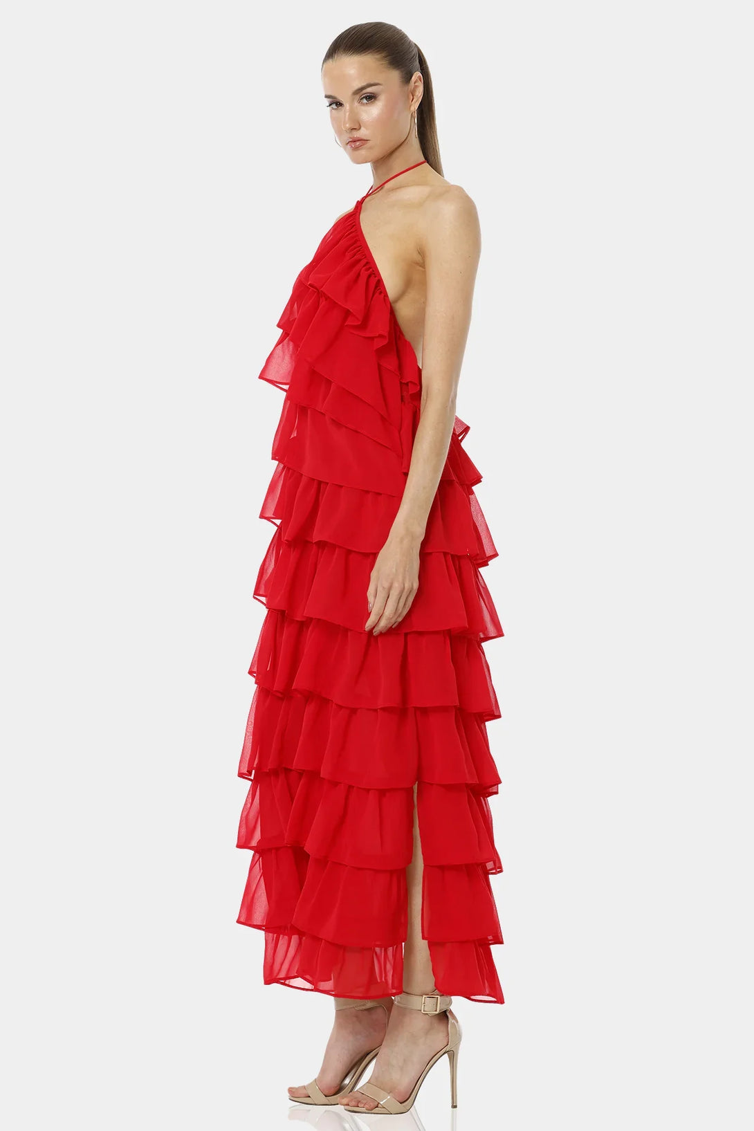 S Red Layered Maxi Party Dresses