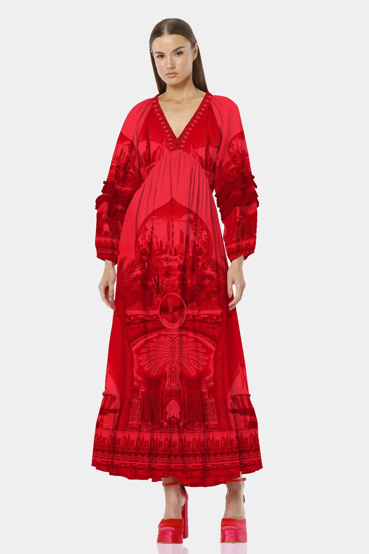 red long sleeve summer dress Long Sleeve Plunge V Neck Draped Maxi Dress Red