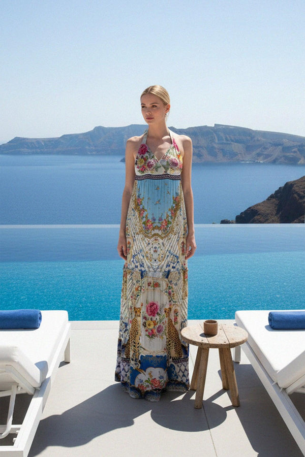 Blue Halter Dress With Low Back